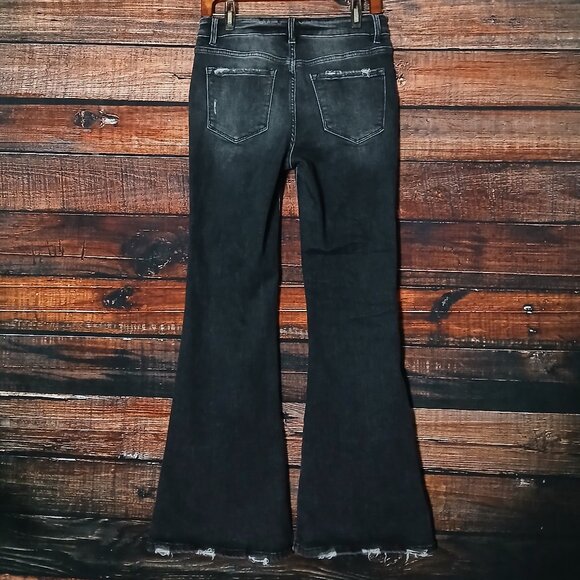 Flying Monkey Jeans 28 Button Fly Mid Rise Slit Flare Distressed Black Stretch - Picture 3 of 10